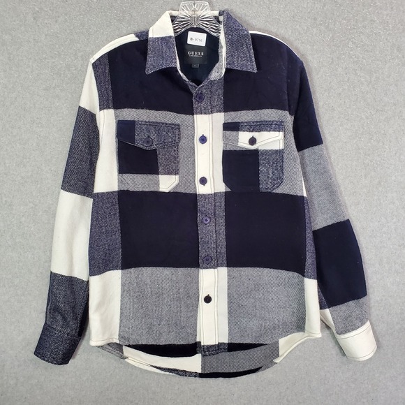 Guess Women Top Large Blue Plaid Flannel Button Up Pockets Long Sleeve Collar - Picture 1 of 9